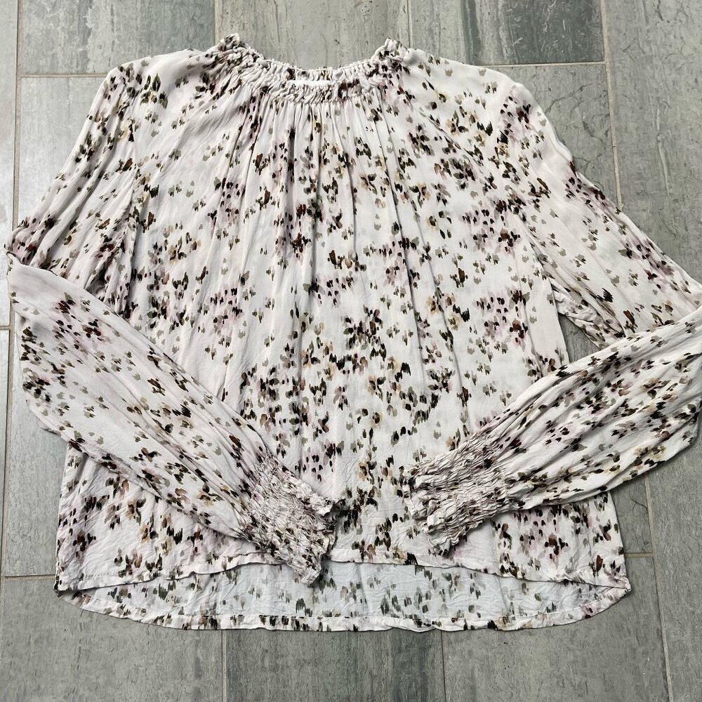 Bella Dahl Ruffle Neck Elastic Shirred Long Sleeve Blouse Top Size Medium